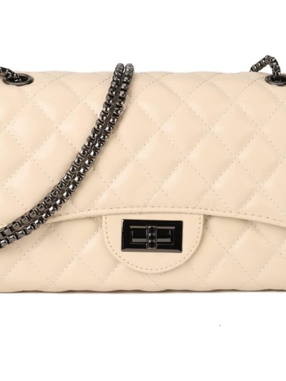 Women Beige PU Quilted Stylish Crossbody Bags with Chain Strap & Flap Closure